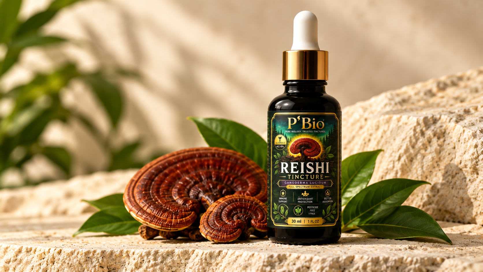 P’Bio Reishi Tincture bottle with whole Reishi mushrooms